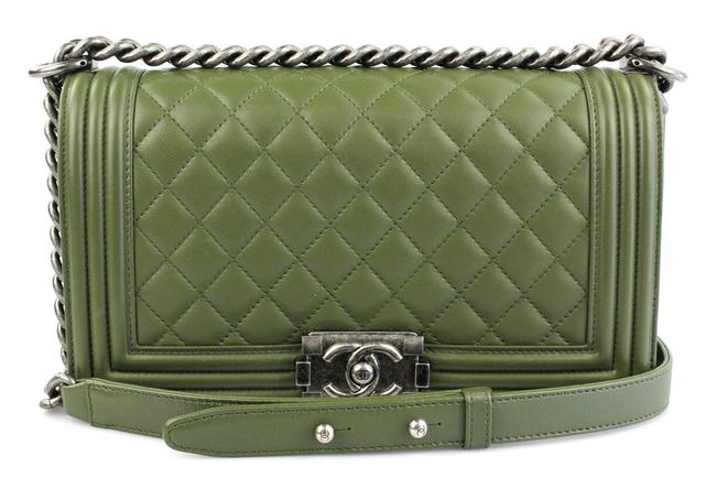 Chanel Boy Medium Olive Green Lambskin Leather Cross Body Bag 