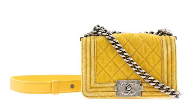 Chanel Boy Mini Yellow Velvet Cross Body Bag 