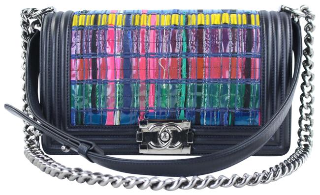 Chanel Boy Multicolor Woven Patchwork 4ct1115 Black Tweed Cross Body Bag 