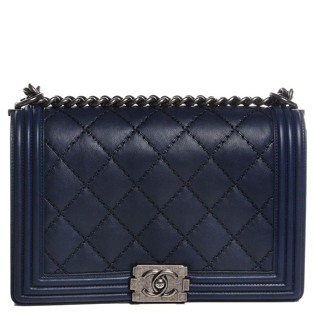 Chanel Boy New Medium Blue Lambskin Leather Cross Body Bag 
