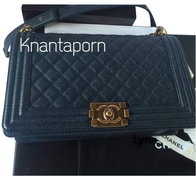 Chanel Boy New Medium Navy Caviar Leather Cross Body Bag 