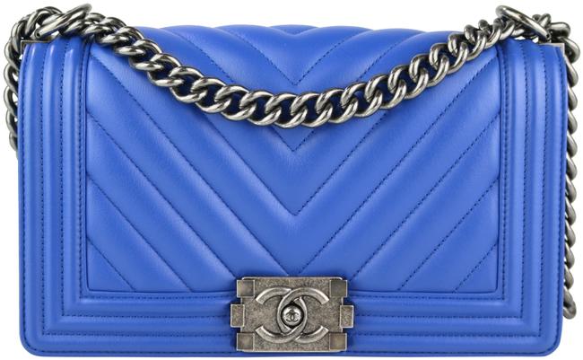 Chanel Boy Old Medium Blue Lambskin Cross Body Bag 