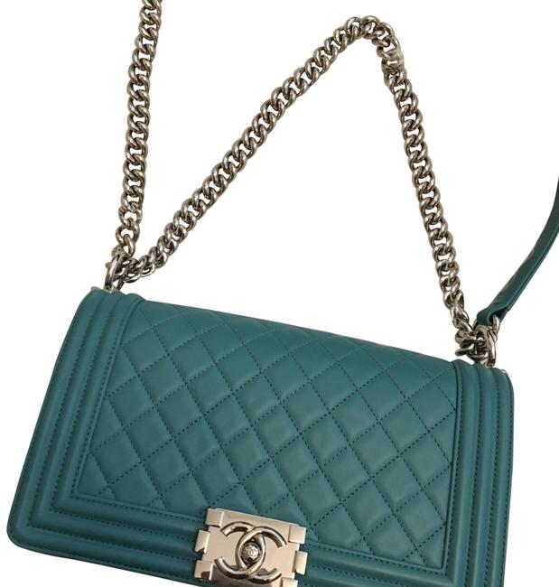Chanel Boy Old Medium and Silver Hardware Turquoise Lambskin Leather Cross Body Bag 