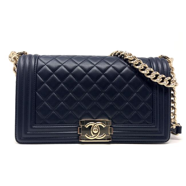 Chanel Boy Old Medium Navy Lambskin Cross Body Bag 