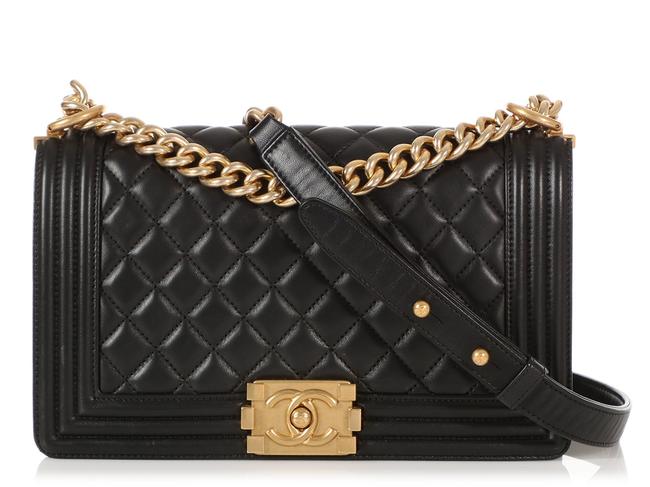 Chanel Boy Old Medium Quilted Black Lambskin Leather Cross Body Bag 