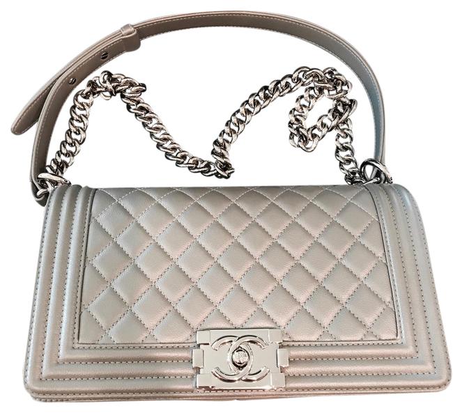 Chanel Boy Old Medium Silver Grained Calf Skin Cross Body Bag 