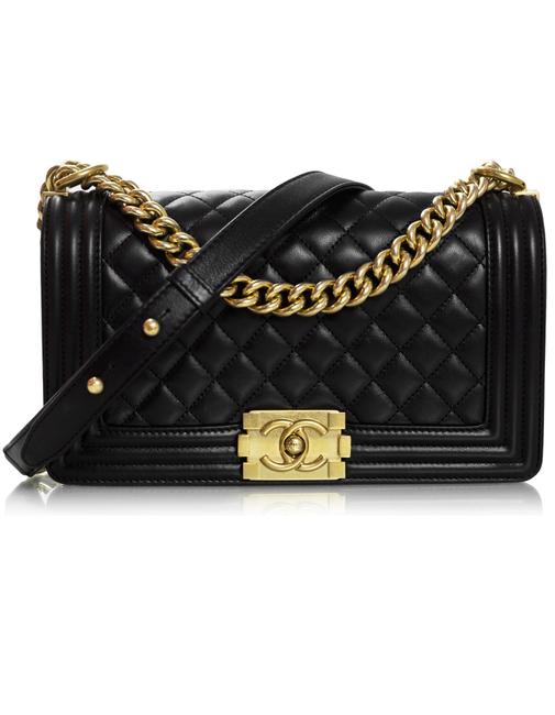 Chanel Boy Box Quilted Medium With Black Lambskin Leather Cross Body Bag 