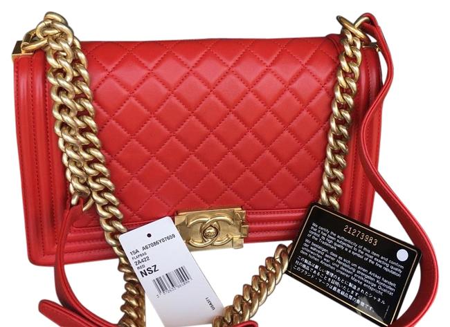 Chanel Boy Red Gold Lamp Skin Cross Body Bag 