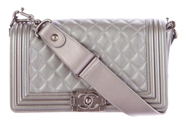 Chanel Boy Silver Leather Cross Body Bag 