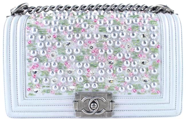 Chanel Boy Tweed and Pearl 2cr0103 Metallic Silver Leather Cross Body Bag 