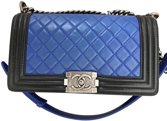 Chanel Boy Two Tone Blue Black Lambskin Leather Cross Body Bag 