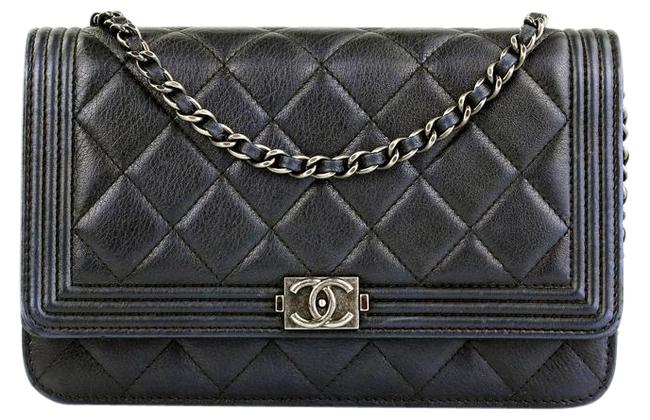 Chanel Boy Wallet on Chain Metallic Dark Gray Leather Cross Body Bag 