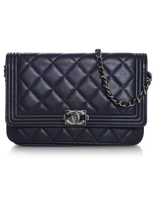 Chanel Boy Wallet on Chain Quilted Woc Navy Lambskin Leather Cross Body Bag 