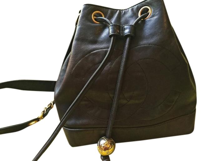 Chanel Bucket Brown Black Lambskin Leather Cross Body Bag 