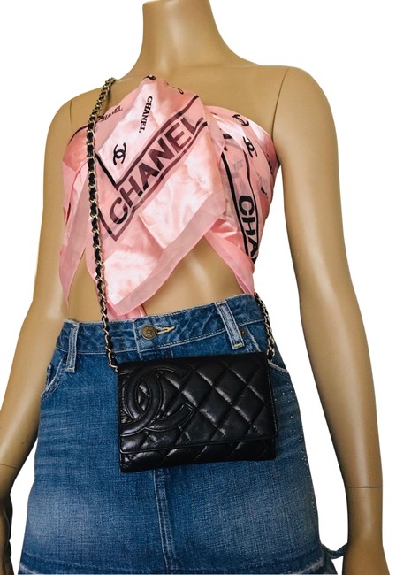 Chanel Cambon Mini Wallet Black Lambskin Leather Cross Body Bag 