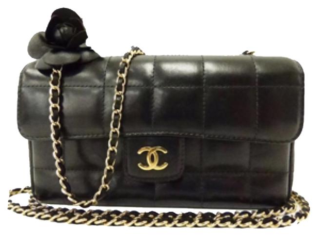 Chanel Camellia Flower Chocolate Bar 708&quot Black Lambskin Cross Body Bag 