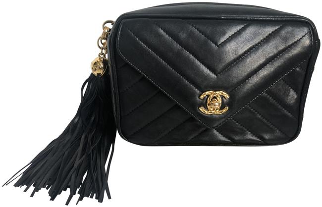 Chanel Camera Chevron Black Lambskin Leather Cross Body Bag 