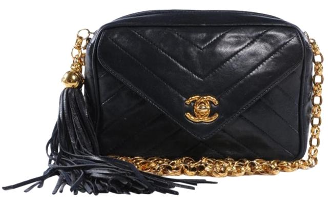 Chanel Camera Case Chevron Tassel Black Lambskin Leather Cross Body Bag 