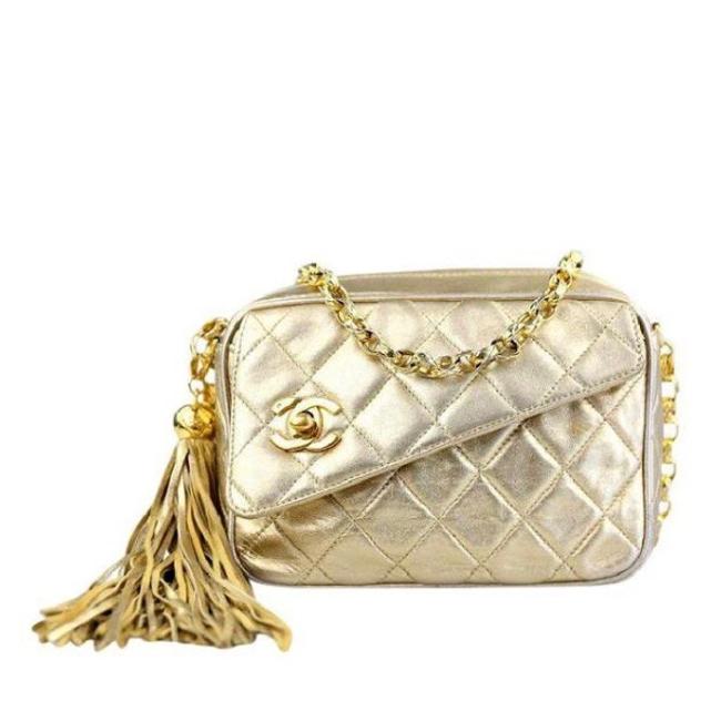 Chanel Camera Tassel Metallic Gold Lambskin Leather Cross Body Bag 