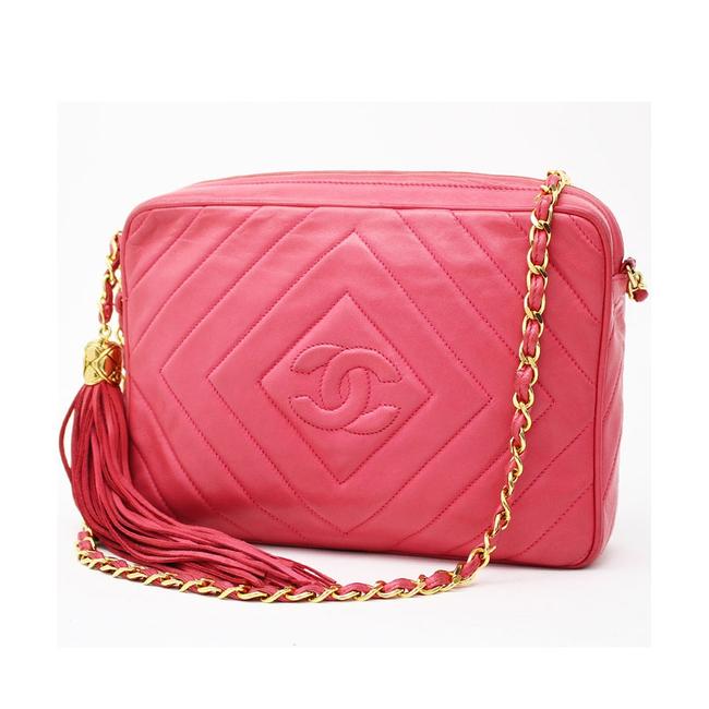 Chanel Camera Case Vintage Chevron Pink Lambskin Leather Cross Body Bag 