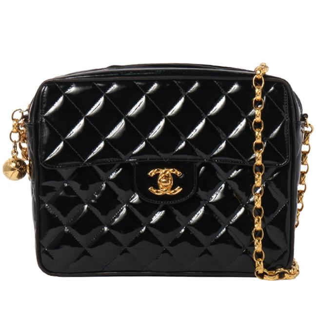 Chanel Camera Case Vintage Quilted Large Black Patent Leather Cross Body Bag 