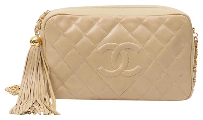 Chanel Camera Vintage Quilted Leather Tassel Beige Lambskin Cross Body Bag 