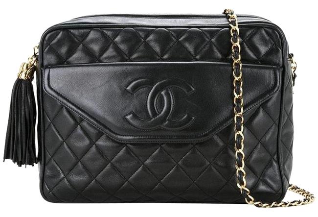 Chanel Shoulder Camera Vintage Quilted Tassel Black Lambskin Leather Cross Body Bag 