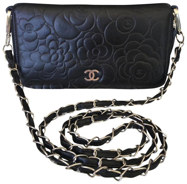 Chanel Cc Camelia Black Lambskin Leather Cross Body Bag 