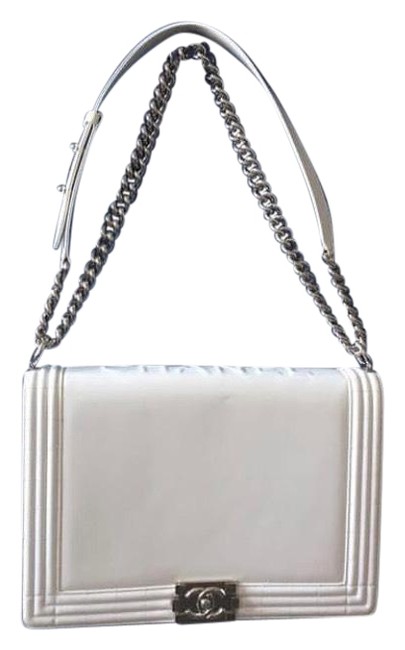 Chanel Classic Boy Glazed Large Flap White Calfskin Leather Cross Body Bag 