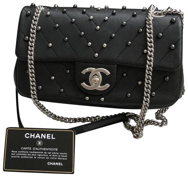 Chanel Classic Chevron Flap Pearl Stud Black Leather Cross Body Bag 