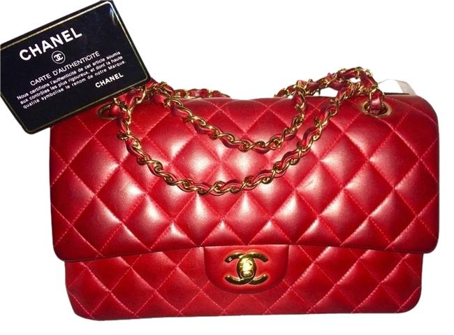 Chanel Double Flap Classic Hardware Medium Red Lambskin Cross Body Bag 