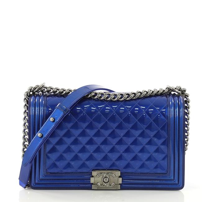 Chanel Classic Flap Boy Quilted New Medium Blue Patent Leather Cross Body Bag 
