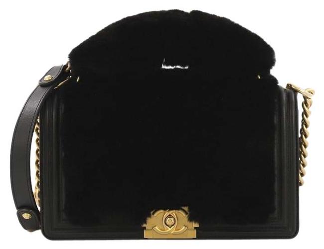 Chanel Classic Flap Boy Top Handle Old Medium Black Fur Cross Body Bag 