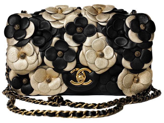 Chanel Classic Flap Camellia Mini Gold Black Lambskin Leather Cross Body Bag 