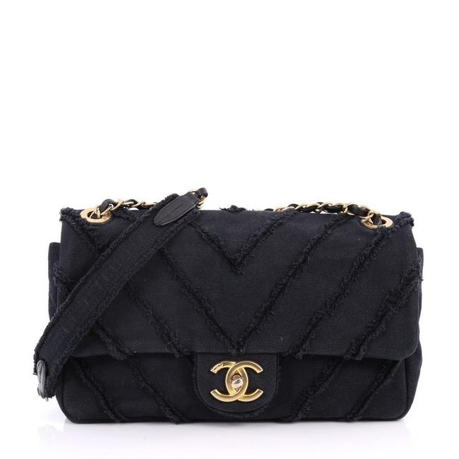 Chanel Classic Flap Cc Chevron Patchwork Medium Black Canvas Cross Body Bag 