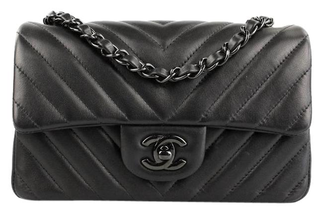 Chanel Classic Flap Chevron Black Lambskin Leather Cross Body Bag 