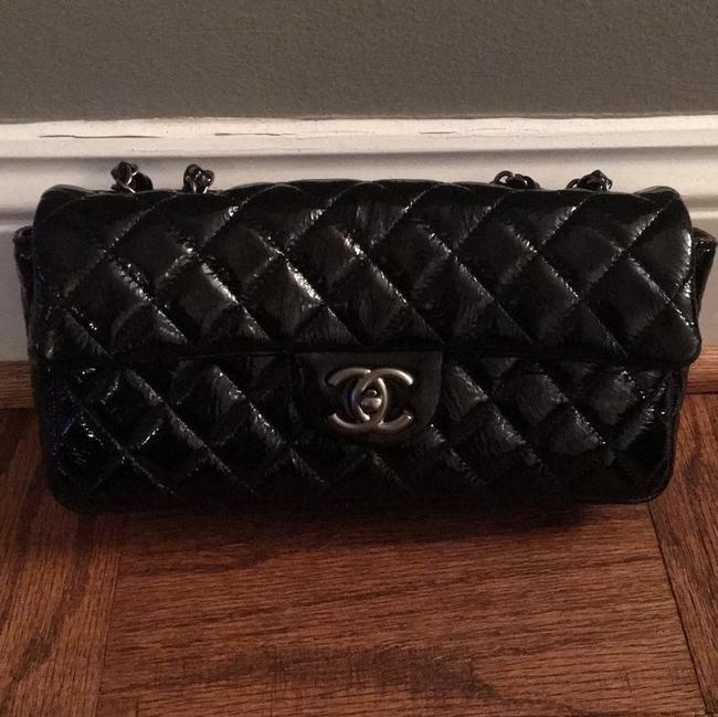 Chanel Classic Flap East West Stunning Black Patent Leather Cross Body Bag 