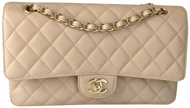Chanel Classic Flap Medium Double Beige Caviar Leather Cross Body Bag 