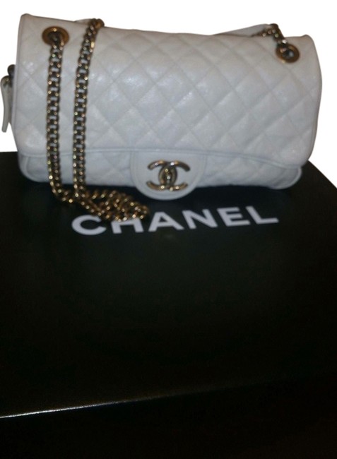 Chanel Classic Flap Medium Gold Luxury Collection White Caviar Cross Body Bag 