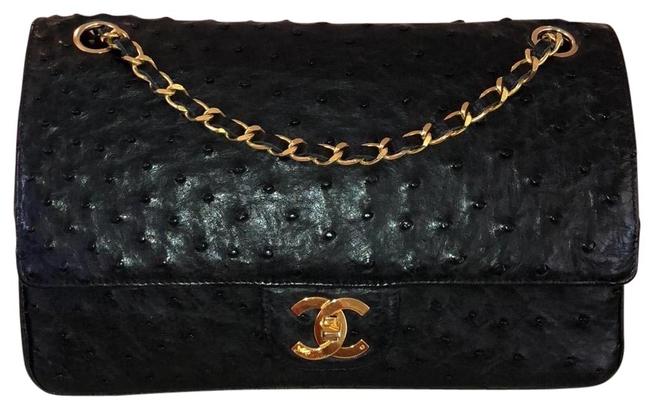 Chanel Classic Flap Shoulder Medium Black Ostrich Leather Cross Body Bag 