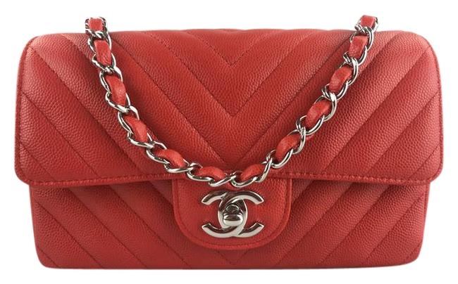 Chanel Classic Flap Mini Caviar Chevron Red Leather Cross Body Bag 
