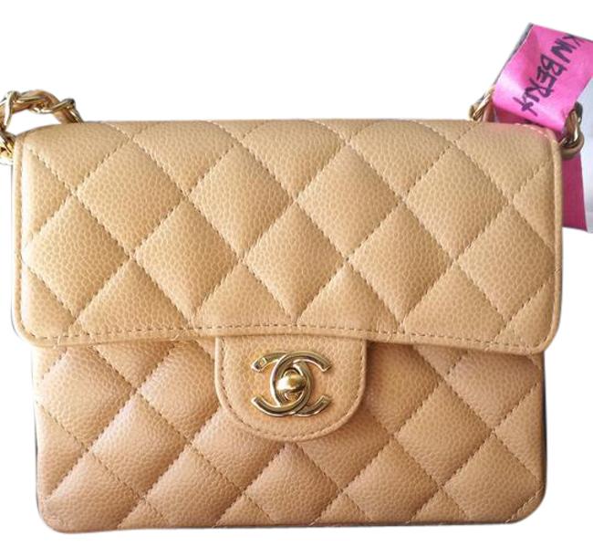 Chanel Classic Flap Mini Gold Hw Beige Camel Caviar Leather Cross Body Bag 