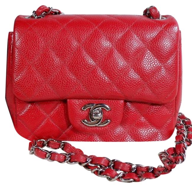 Chanel Classic Flap Mini Square Caviar Red Leather Cross Body Bag 