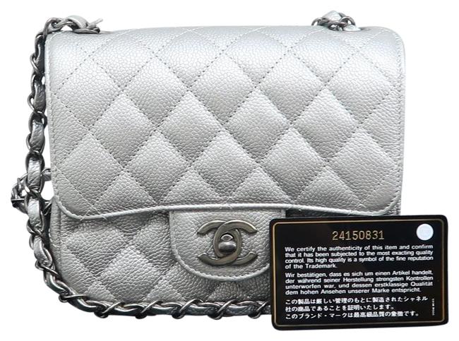 Chanel Classic Flap Mini Square Silver Caviar Cross Body Bag 