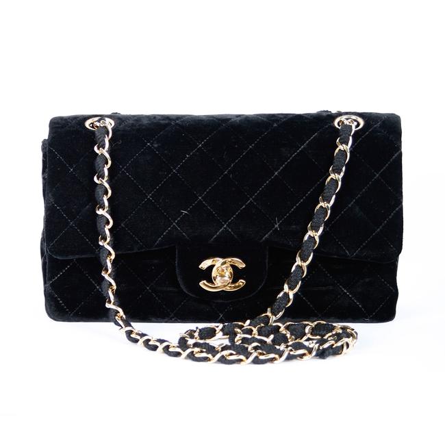 Chanel Classic Flap Quilted Medium Double Black Velvet Cross Body Bag 