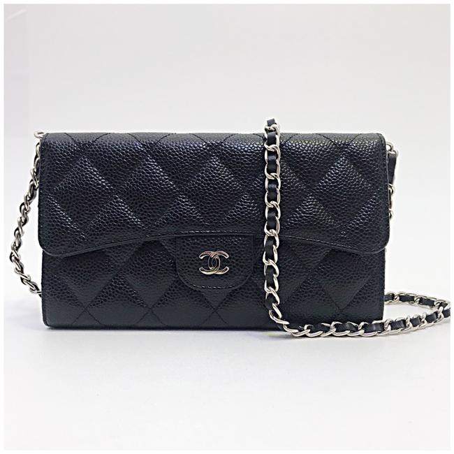 Chanel Classic Flap Wallet with Chain Added Black Leather Cross Body Bag 