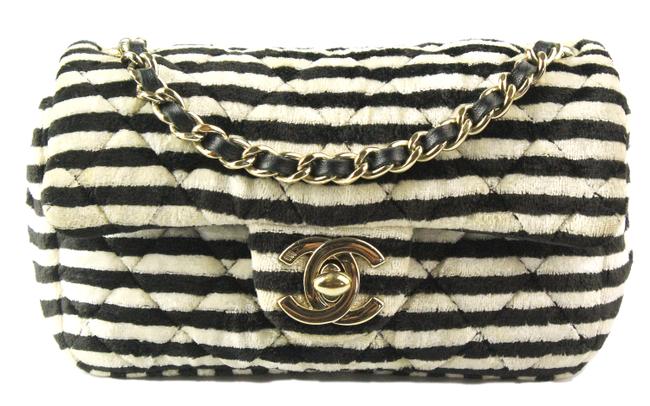 Chanel Classic Micro Quilted Striped Flap Black White Velvet Cross Body Bag 