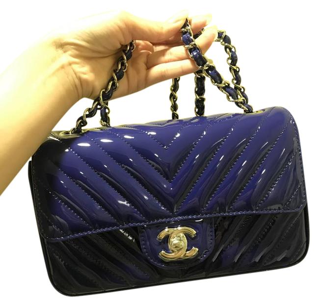 Chanel Classic Mini Chevron Flap Blue Patent Cross Body Bag 