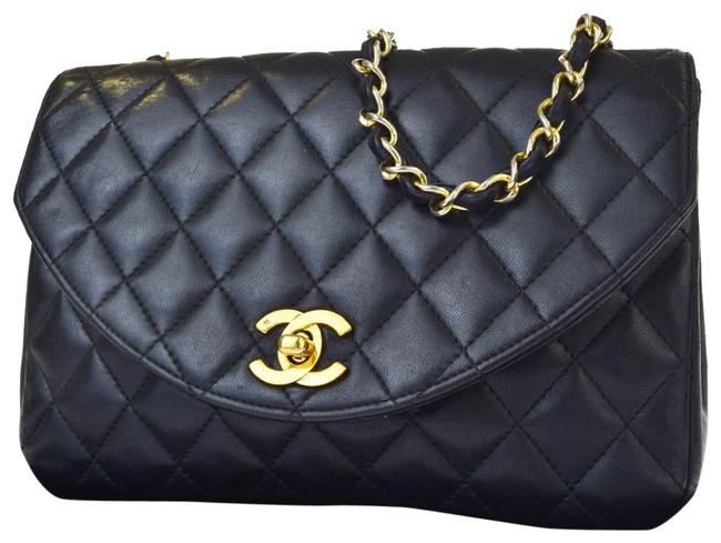 Chanel Classic Quilted Half Moon Flap Black Lambskin Leather Cross Body Bag 