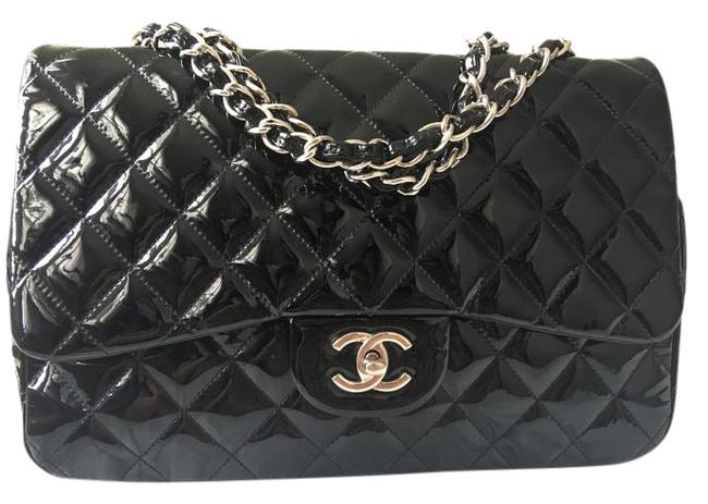 Chanel Classic Quilted Jumbo Flap Black Patent Leather Cross Body Bag 